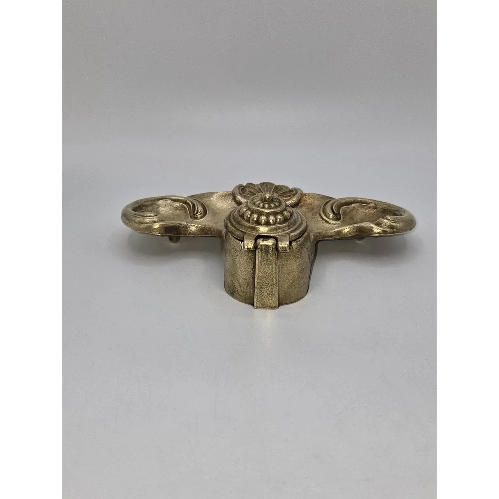 Rococo Revival Brass Inkwell Ornate Shell Scroll Hinged Lid